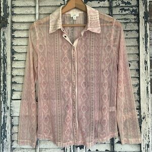 J Jill sheer snap front blouse in pink and tan